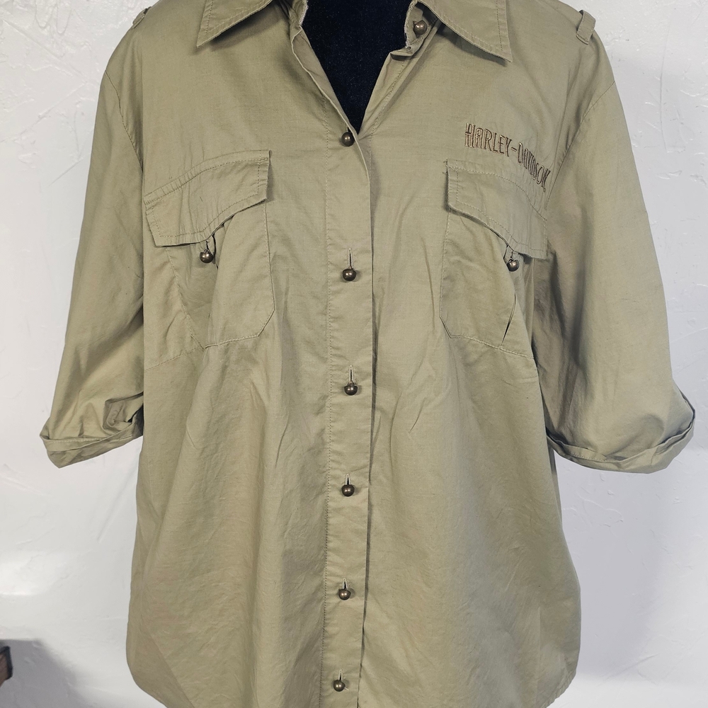 Harley Davidson Women's Button-Up Shirt Olive Green Biker Shirt 1W